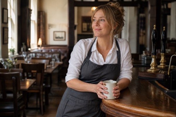 Pub staff taking a quiet moment with a cup of tea before opening